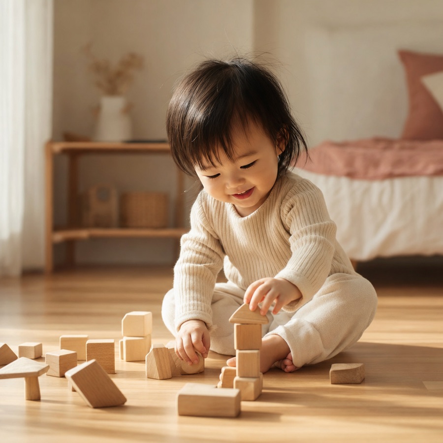 幼兒在木地板上玩積木